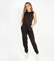 Justyouroutfit Black Ribbed Sleeveless Drawstring Jumpsuit